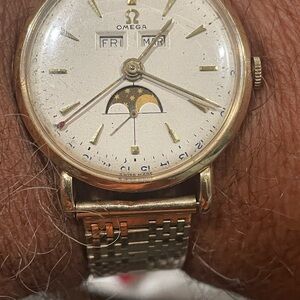 Rare vintage 1951 Omega Triple date with moon face, 14k solid gold bracelet